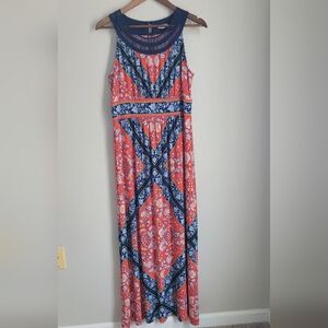 Westport Women Size L Blue Red Pattern Maxi Dress Liquid Knit Mesh Neck Romantic
